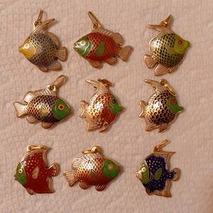 New Vintage lot of 9 Cloisonne Fish Pendants Various sizes/colours